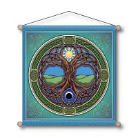 Square banner in blues and greens, showcasing a tree with sun in its branches and moon in its roots, and Celtic knots.