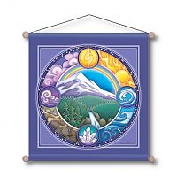 Square purple banner, showing a rainbow over a mountain landscape, encircled by colorful symbols of the four elements.