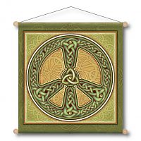 Square banner in mossy greens and golds, featuring a large peace sign decorated with an abundance of Celtic knots.