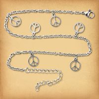 A delicate stainless steel chain anklet with a lobster claw clasp, featuring five evenly spaced peace sign charms.
