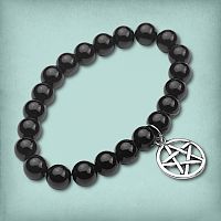 Black Agate Pentacle Charm Bracelet showing the uniform round black beads embellished by a single silver-tone pentacle charm.