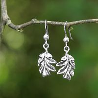 Sunlight shining on a pair of Silver Oak Leaf Earrings displayed on a slender twig, with a backdrop of lush forest leaves.