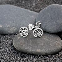 Silver Crescent Moon Pentacle Post Earrings