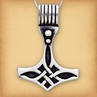 Sterling Silver Thor's Hammer Pendant, featuring a bold Celtic knot that covers the entire surface of the piece.