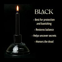 A single black chime candle, lit, with a dark background, and a column of text listing its magical properties.