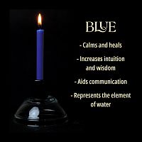 A single royal blue chime candle, lit, with a dark background, and a column of text listing its magical properties.