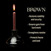 A single brown chime candle, lit, with a dark background, and a column of text listing its magical properties.