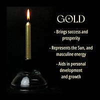 A single metallic gold chime candle, lit, with a dark background, and a column of text listing its magical properties.