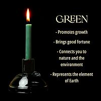 A single forest green chime candle, lit, with a dark background, and a column of text listing its magical properties.