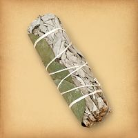 Sage and Eucalyptus Herb Bundle, tied with string, featuring dried sage and eucalyptus ready for smoke cleansing rituals.