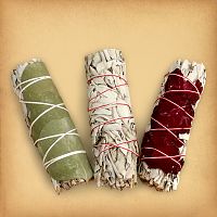Sage Bundle Sampler I - a trio of tightly packed bundles of dried herbs wrapped with string, for smoke cleansing rituals
