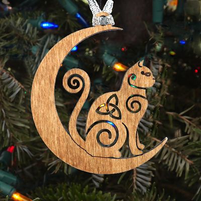 Celtic Moon Cat Wooden Yule Ornament