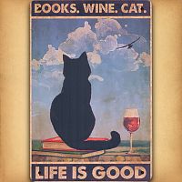 Books, Wine, Cat Tin Sign