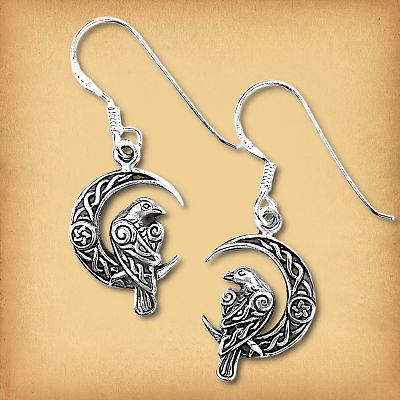 Silver Celtic Moon Raven Earrings