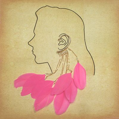 Hot Pink Feather Dangle Wire Ear Cuff