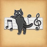 The Music Cat Enamel Pin features a tiny cartoon-style black cat standing on its hind legs next to a measure of music.