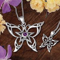 Silver Celtic Butterfly Pendant and Silver Petite Celtic Butterfly Pendant, side by side, showing their relative sizes.