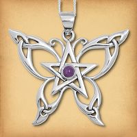 Sterling Silver Celtic Butterfly Pendant, showing the Celtic knots on the wingtips, and the amethyst cabochon in the center.