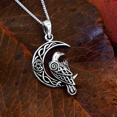 Silver Celtic Moon Raven Pendant