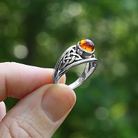 Silver Celtic Amber Ring