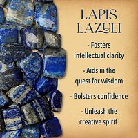Multiple tumbled Lapis Lazuli stones covering half the page, alongside text that briefly describes their magical properties.