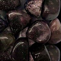 Tumbled Lepidolite gemstones featuring a spectrum from dark purplish tones to mottled muted purple with hints of grey.