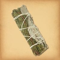 Sage and Cedar Herb Bundle, tied with string, featuring tightly packed dried sage and cedar ready for smoke cleansing rituals