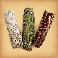 Herb Bundle Sampler I - a trio of tightly packed bundles of dried herbs wrapped with string, for smoke cleansing rituals
