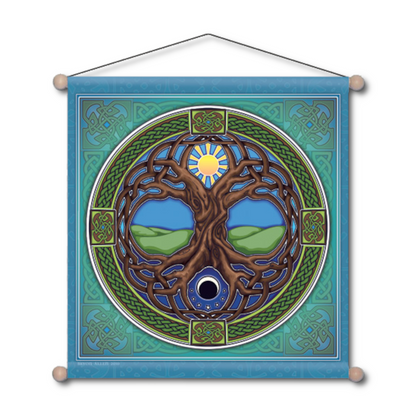 Square banner in blues and greens, showcasing a tree with sun in its branches and moon in its roots, and Celtic knots.