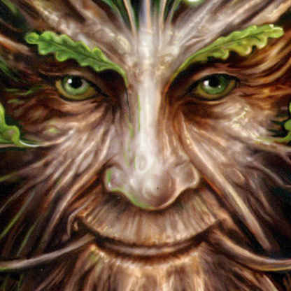 Close-up of the Oak King Green Man’s face, his deep green eyes framed by bark-like features, leafy brows, and twisting roots.