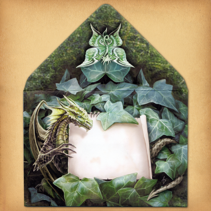 A decorative envelope featuring a dragon emerging from ivy, grasping a blank scroll, and on the flap, a moth-winged dragon. 