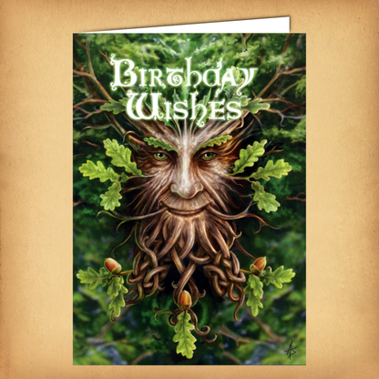 A fantasy birthday card depicting the Oak King Green Man, his face seamlessly woven from roots, branches, and leaves.