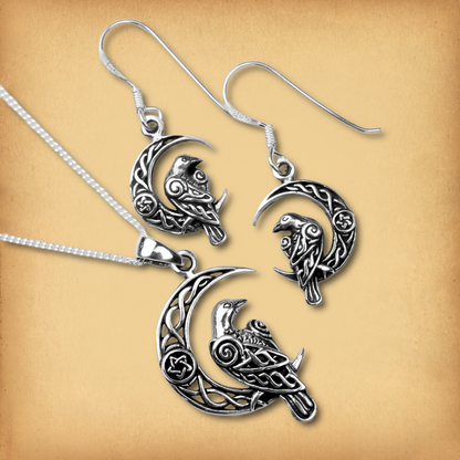 Silver Celtic Moon Raven Pendant