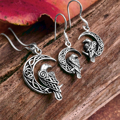 Silver Celtic Moon Raven Pendant