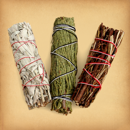 Herb Bundle Sampler I - a trio of tightly packed bundles of dried herbs wrapped with string, for smoke cleansing rituals