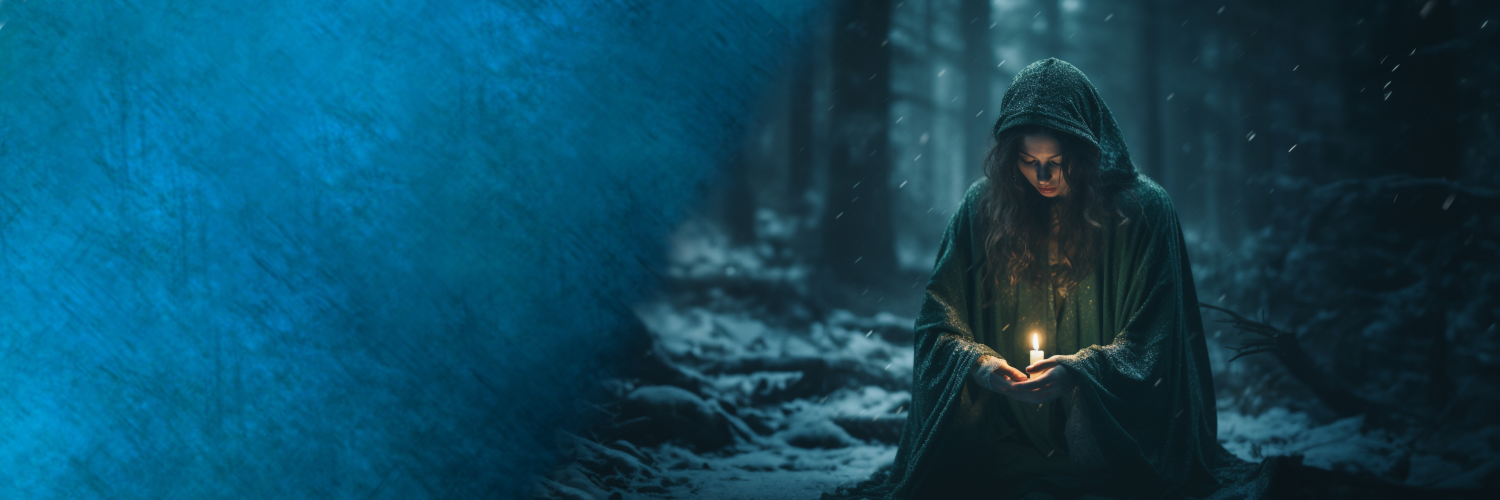 A winter forest scene with a hooded woman kneeling in the snow, holding a candle, and soft snow falling around her. The left side fades into a teal background.