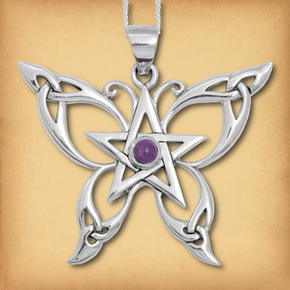 Sterling Silver Celtic Butterfly Pendant, showing the Celtic knots on the wingtips, and the amethyst cabochon in the center.