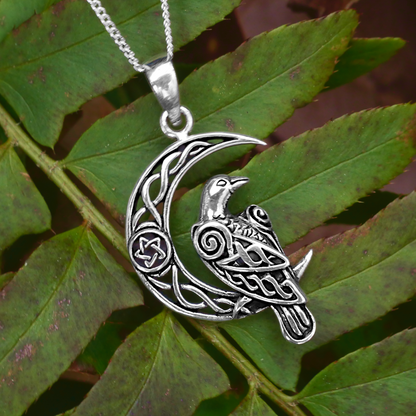 Silver Celtic Moon Raven Pendant