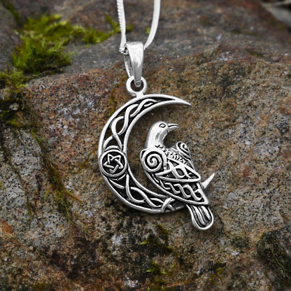 Silver Celtic Moon Raven Pendant