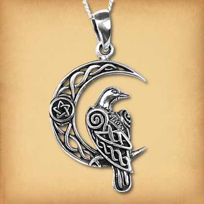 Silver Celtic Moon Raven Pendant