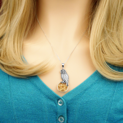 Silver Owl with Bone Pentacle Pendant