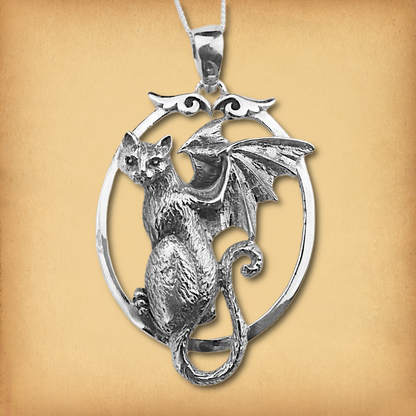 Silver Bat-Winged Cat Pendant