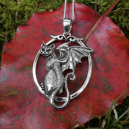 Silver Bat-Winged Cat Pendant