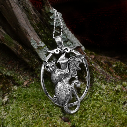 Silver Bat-Winged Cat Pendant