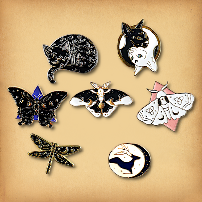 Clearance sale bundle of 7 enamel pins. Discounted, discontinued stock.