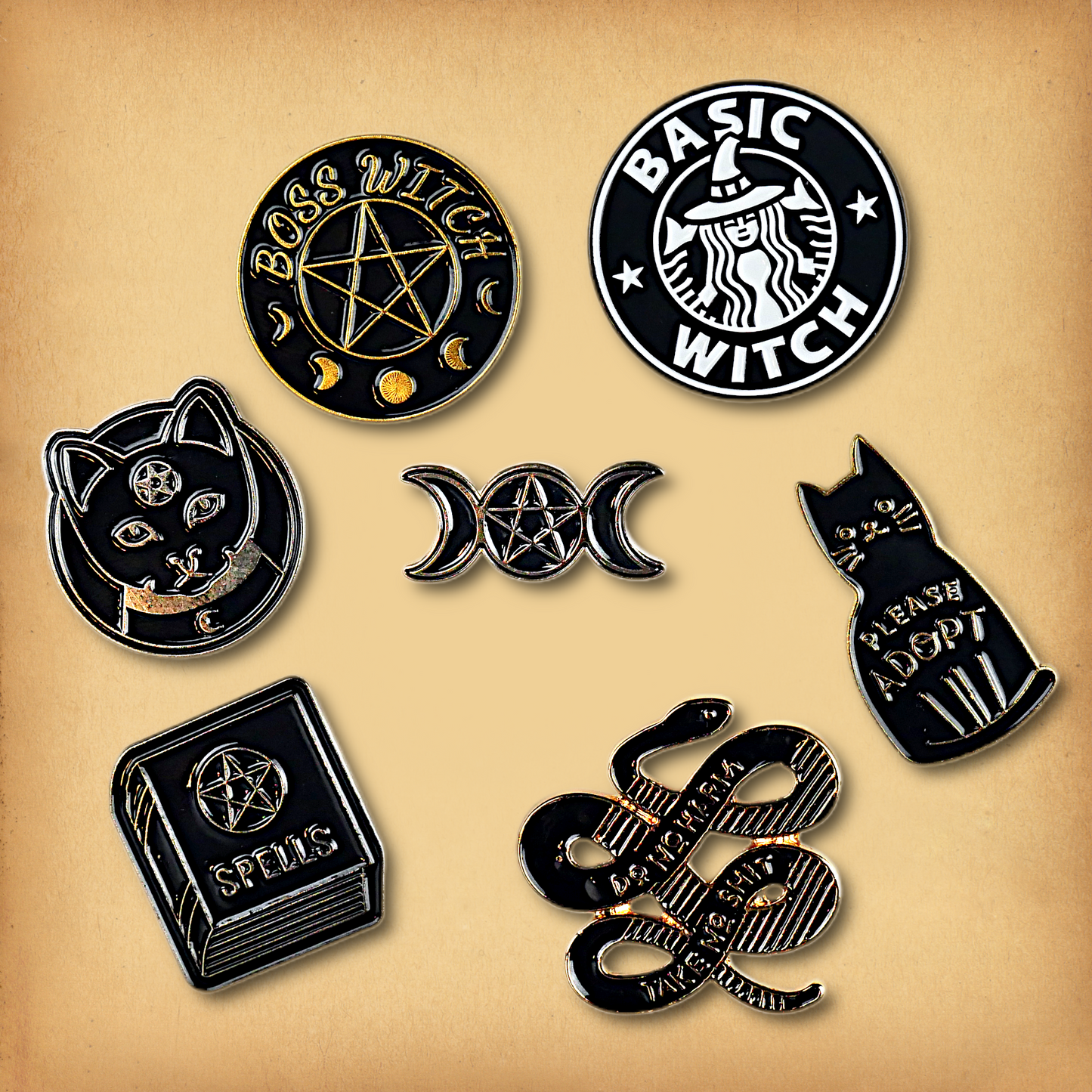 Clearance sale bundle of 7 enamel pins. Discounted, discontinued stock.