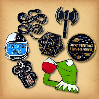 Clearance sale bundle of 7 enamel pins. Discounted, discontinued stock.