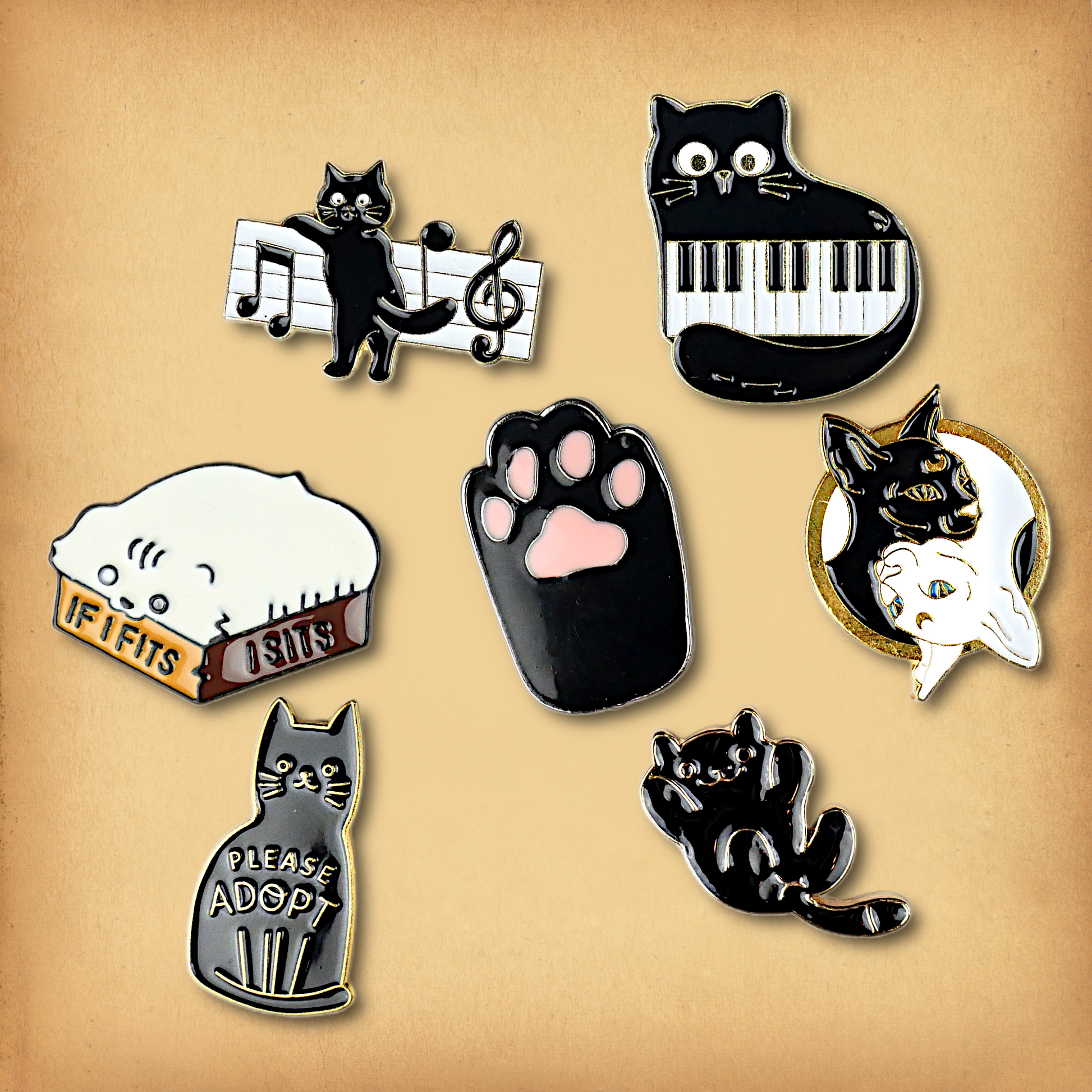 Clearance sale bundle of 7 enamel pins. Discounted, discontinued stock.