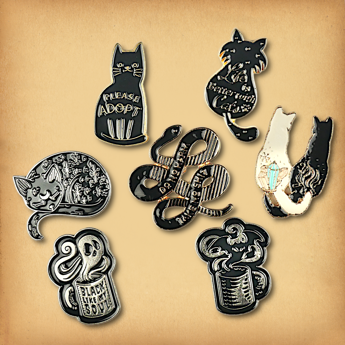 Clearance sale bundle of 7 enamel pins. Discounted, discontinued stock.