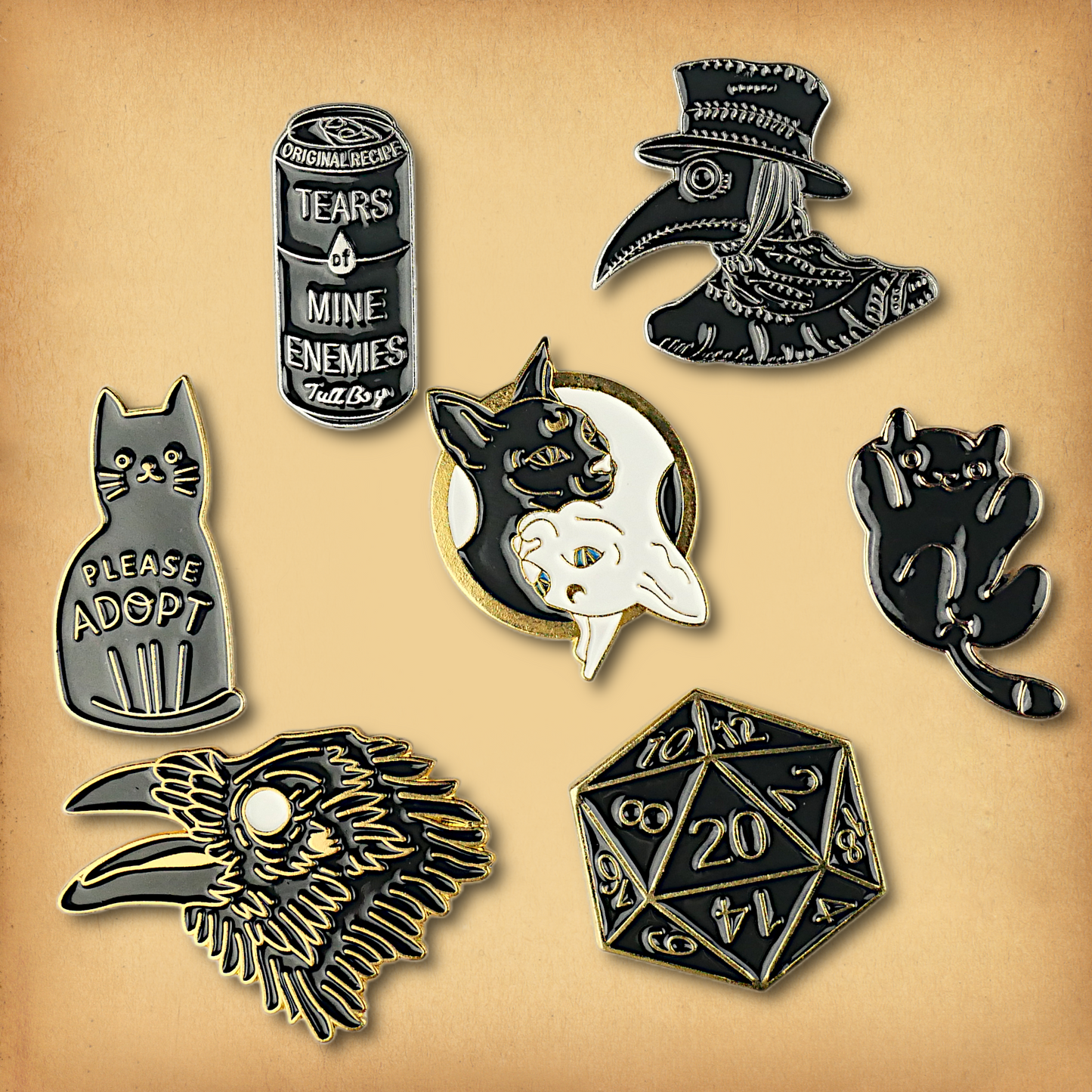 Clearance sale bundle of 7 enamel pins. Discounted, discontinued stock.